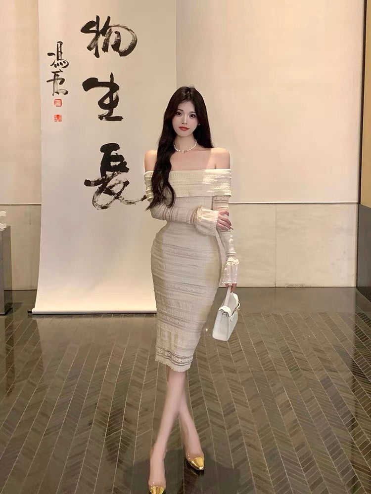 Pure lust style tea break French one-shoulder dress summer women's high-end and elegant lady's waist slimming long dress