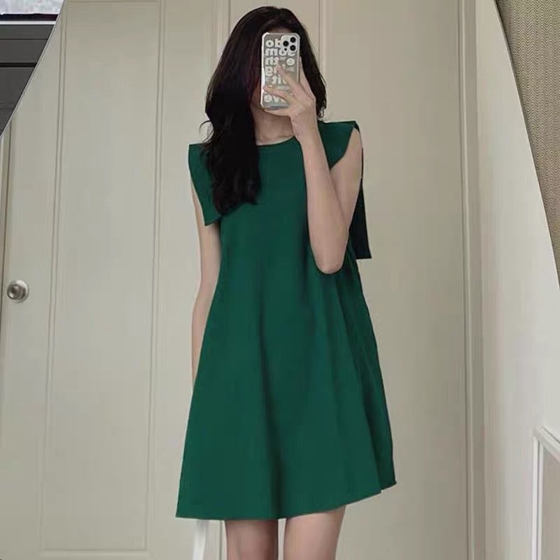 Korean chic summer minimalism niche round neck stitching design sense sleeveless A-line dress skirt female