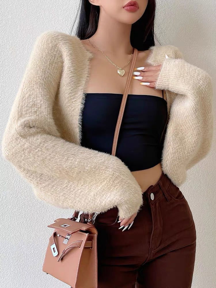 liviahome European and American sweet and spicy apricot wool knitted cardigan women's short outer shawl jacket 2023 autumn (T193)