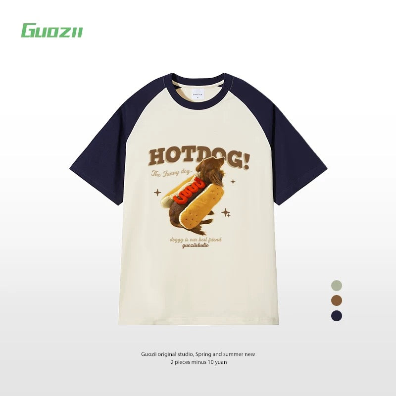 Guozii cute puppy raglan short-sleeved T-shirt female original design small oversize pure cotton top summer