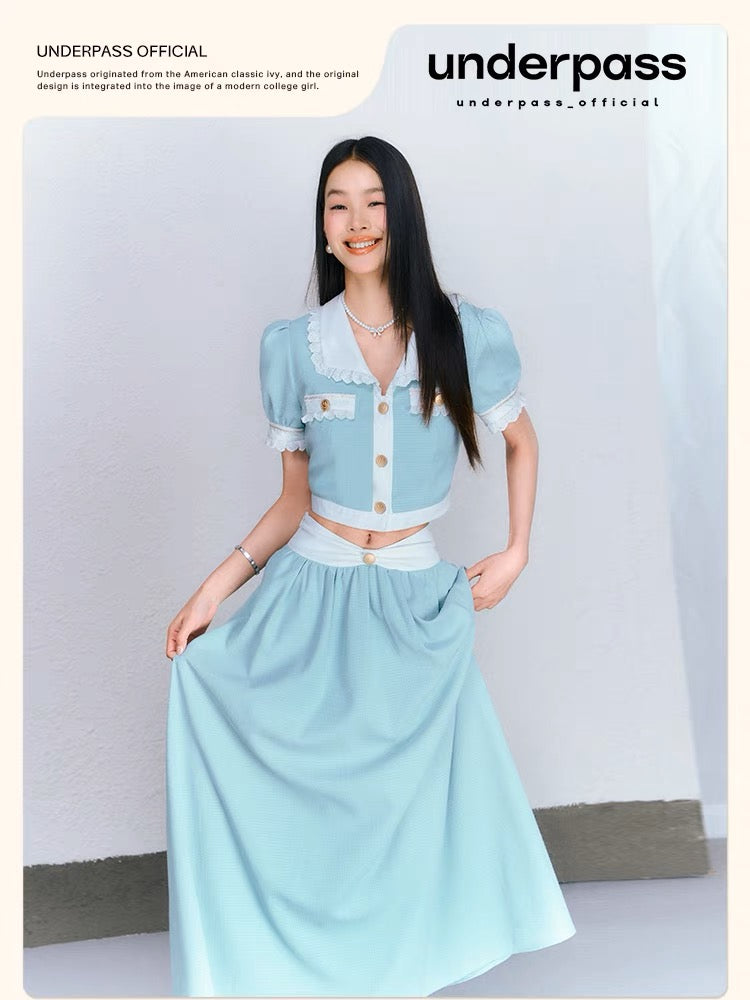 Underpass original design for the daughter of a wealthy woman, puff-sleeved short top, small fragrant style three-piece suit and culottes