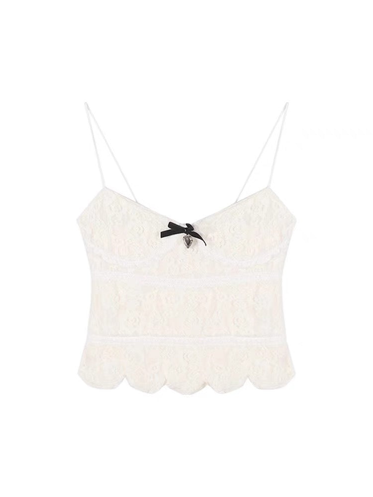 Sweet hottie lace camisole women's summer bow design niche slim fit inner wear short top