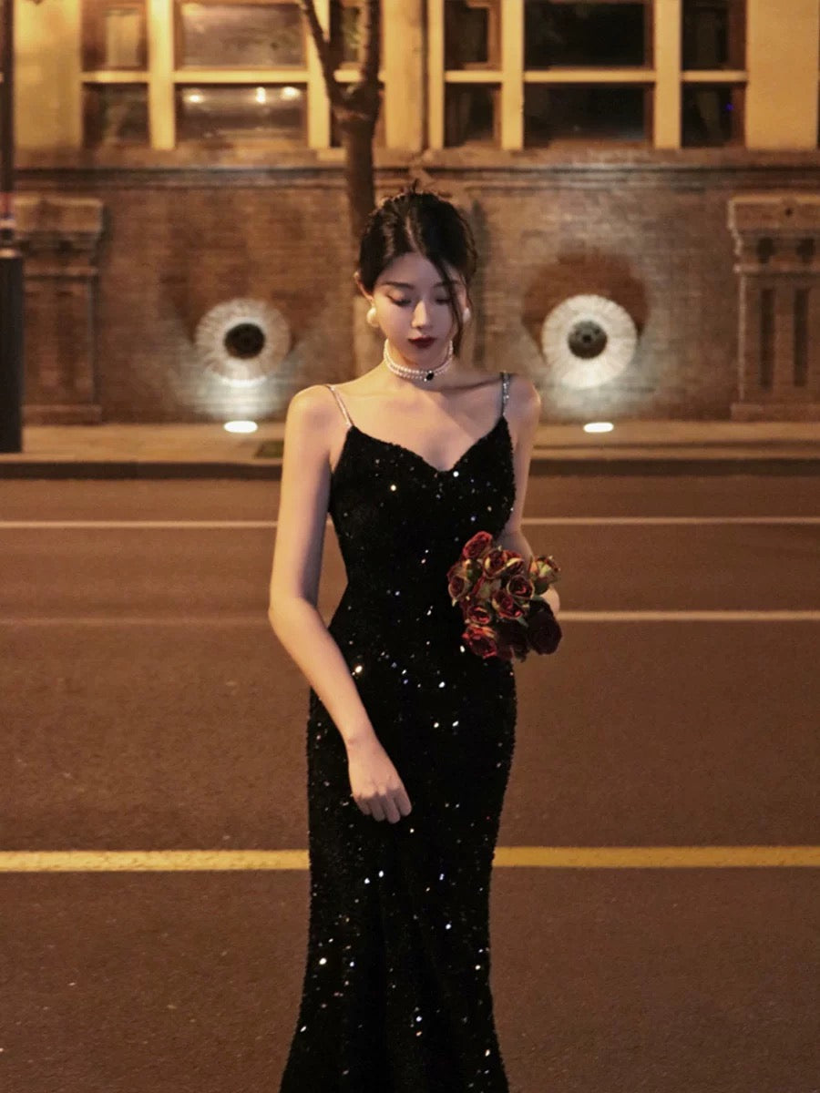 Thirteen and Little French suspender dress for women autumn velvet fishtail temperament black sequin evening dress