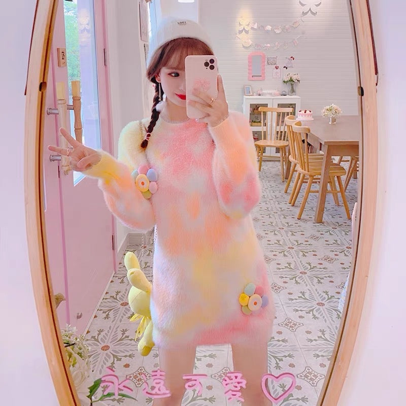 Sweet rainbow gradient mink mid-length sweater dress Korean style ins – Lee  Nhi Boutique