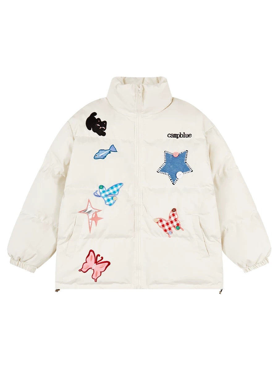 American retro trendy brand butterfly five-pointed star warm and cute bread coat cotton coat jacket for men and women winter cotton coat and jacket