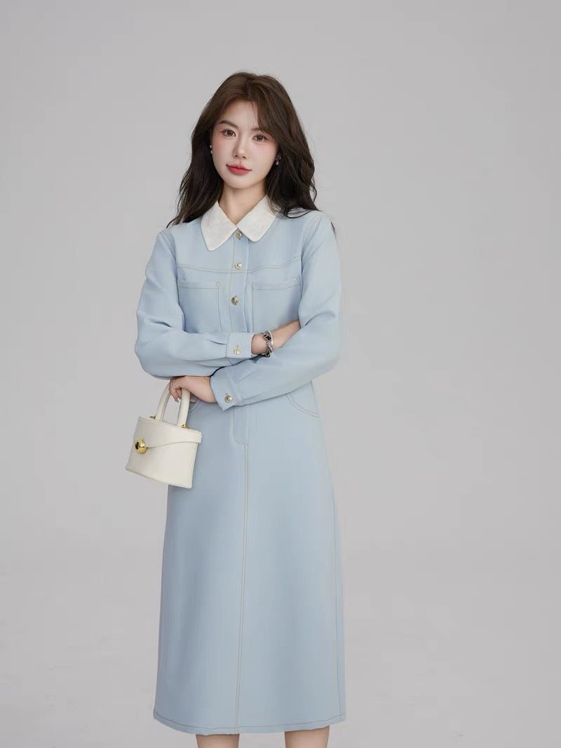 Volstagg blue French style dress women's autumn high-end long-sleeved waist long skirt comes with belt