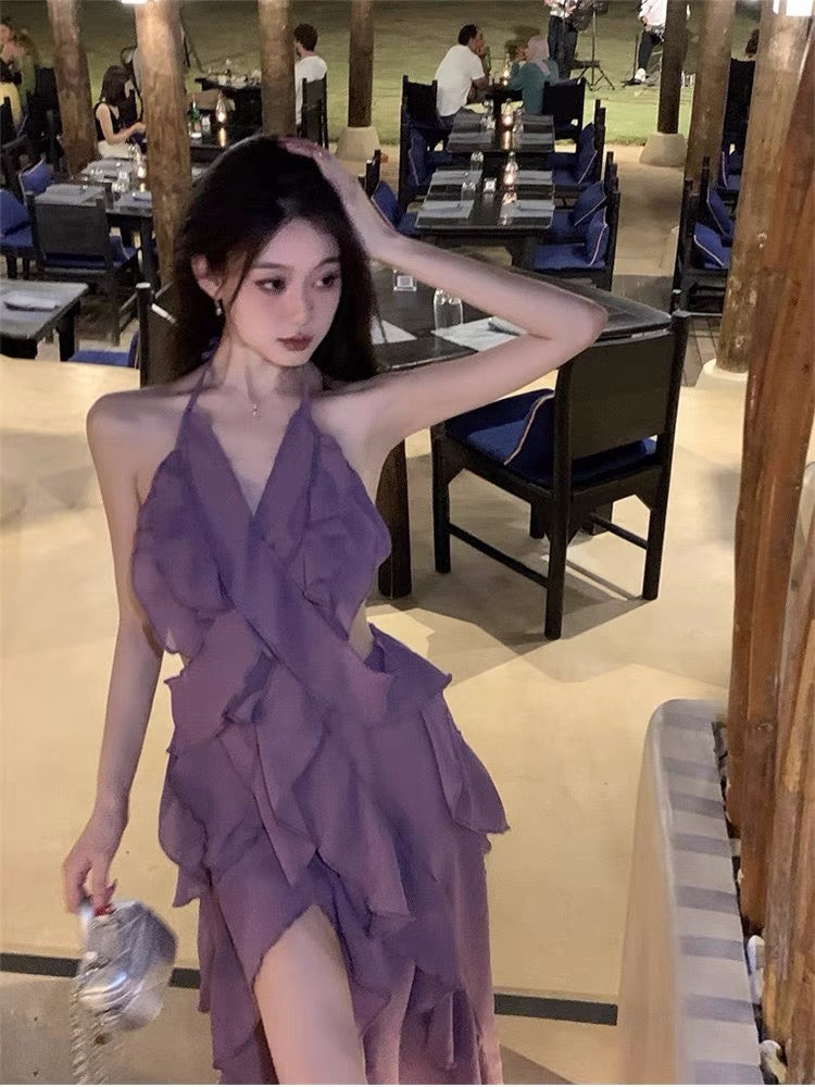 Large size French super fairy purple sling dress female summer ruffled v-neck sexy open back seaside beach dress