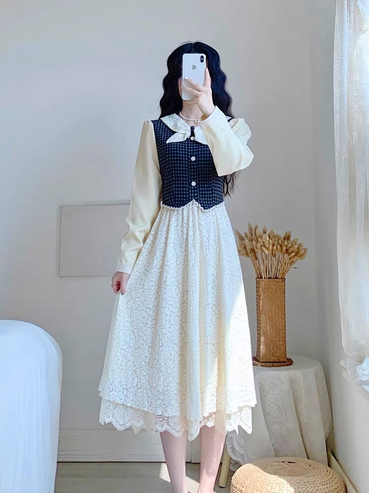 Autumn clothing 2023 new women's skirt French light mature style light luxury waist slimming long-sleeved lace dress