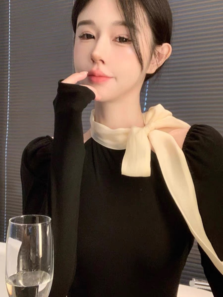 Autumn clothing, versatile halter neck, bow tie, slimming sweater for women, empty shoulder, long-sleeved top, layered with bottoming shirt