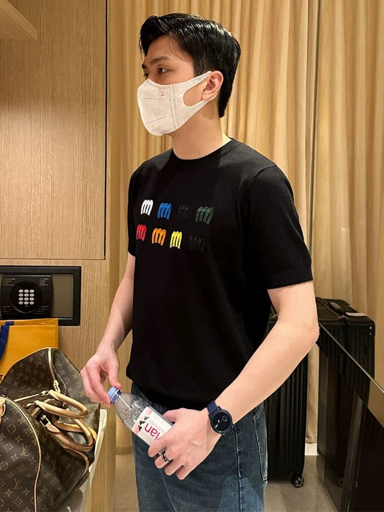 Yomobrother personalized color letter embroidery short-sleeved men's summer casual knitted tops white T-shirt men