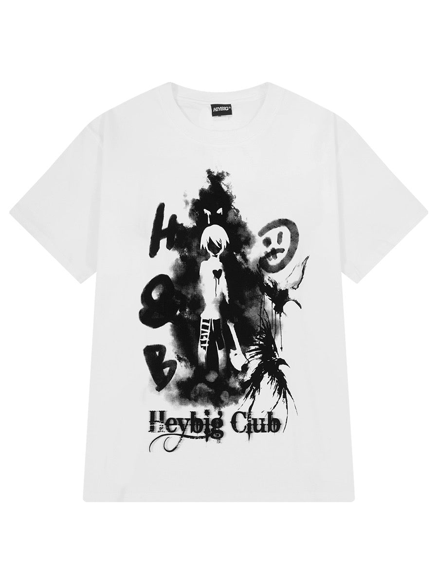 Dark devil girl print short-sleeved T-shirt for men and women oversize heavy cotton American high street style top