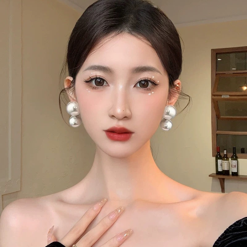 925 silver needle retro Hepburn style large pearl earrings bride female high-end temperament French style earrings earrings trend