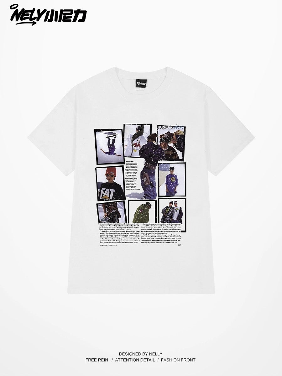 Nely American retro nine-square character photo short-sleeved T-shirt men's loose couple style street half-sleeve