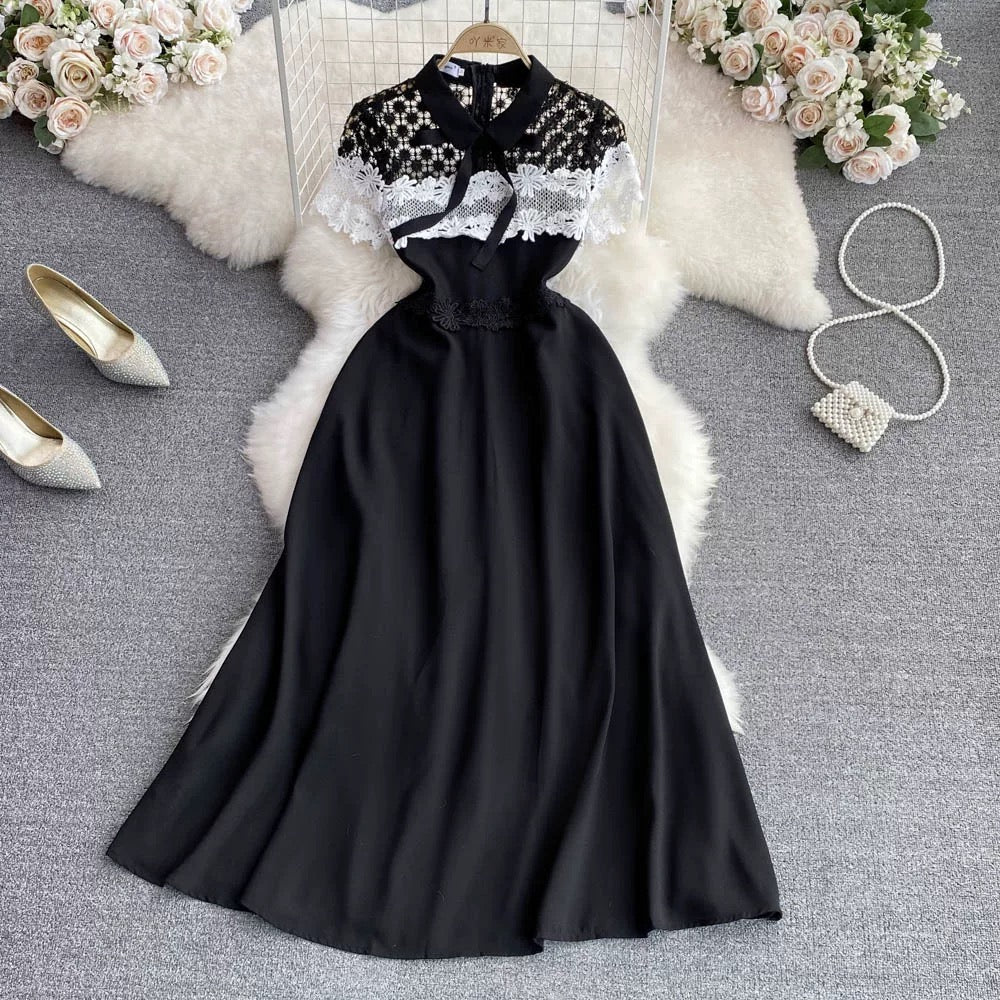 European catwalk style lapel lace patchwork waist a-line dress celebri Lee Nhi Boutique European catwalk style lapel lace patchwork waist a-line dress celebri Lee Nhi Boutique