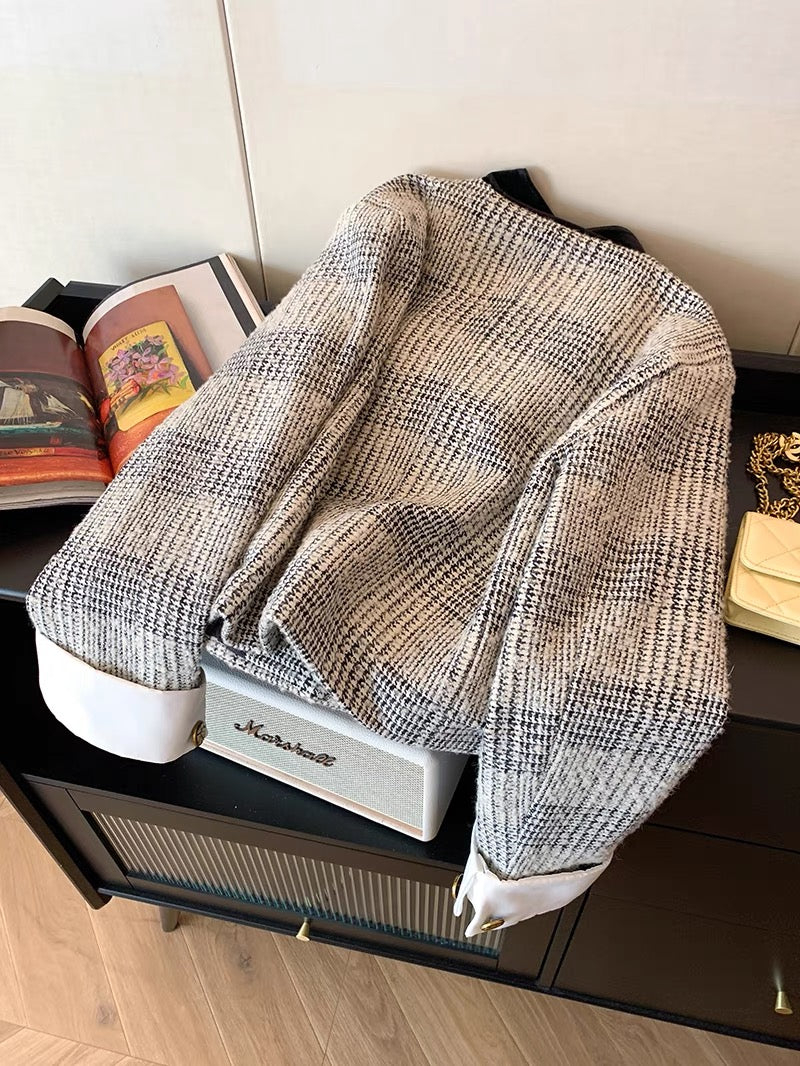 French contrasting color splicing tweed short coat for women autumn and winter 2023 new temperament socialite small fragrant style slimming top
