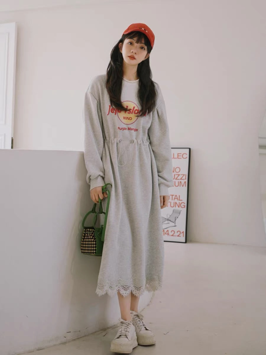 Gray Dress Spring and Autumn Women 2023 New Korean Style Waist Slimming College Style Lace Splicing Long Sweatshirt Skirt