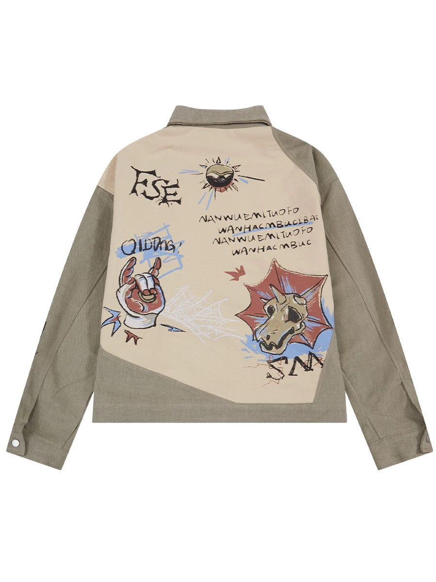 American retro splicing workwear heavy graffiti jacket men and women trendy brand printed motorcycle wear hip-hop casual jacket bf