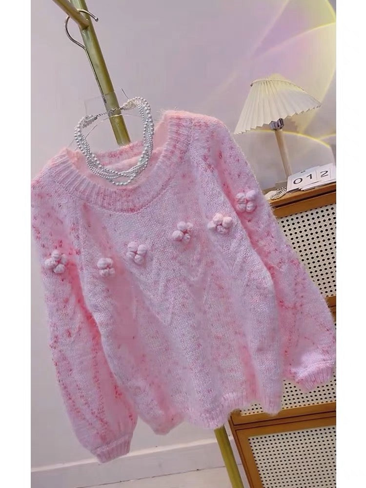 Lazy style design, unique three-dimensional flower pink sweater for autumn outer wear, gentle style artistic student sweater for women (V7715)