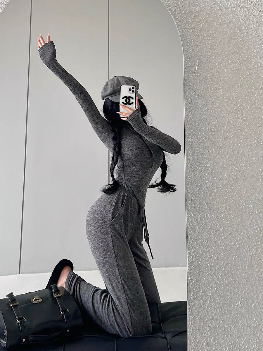 YoungGirlDay pure lust style slim-fitting long-sleeved T-shirt high-waisted drawstring casual pants floor-length trousers suit (B1812)