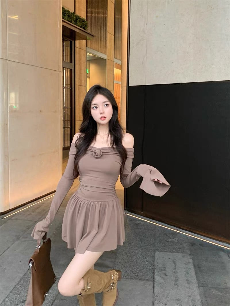 Pure desire one-shoulder long-sleeved dress bottoming waist slimming short skirt women's autumn and winter new tight skirt A2263