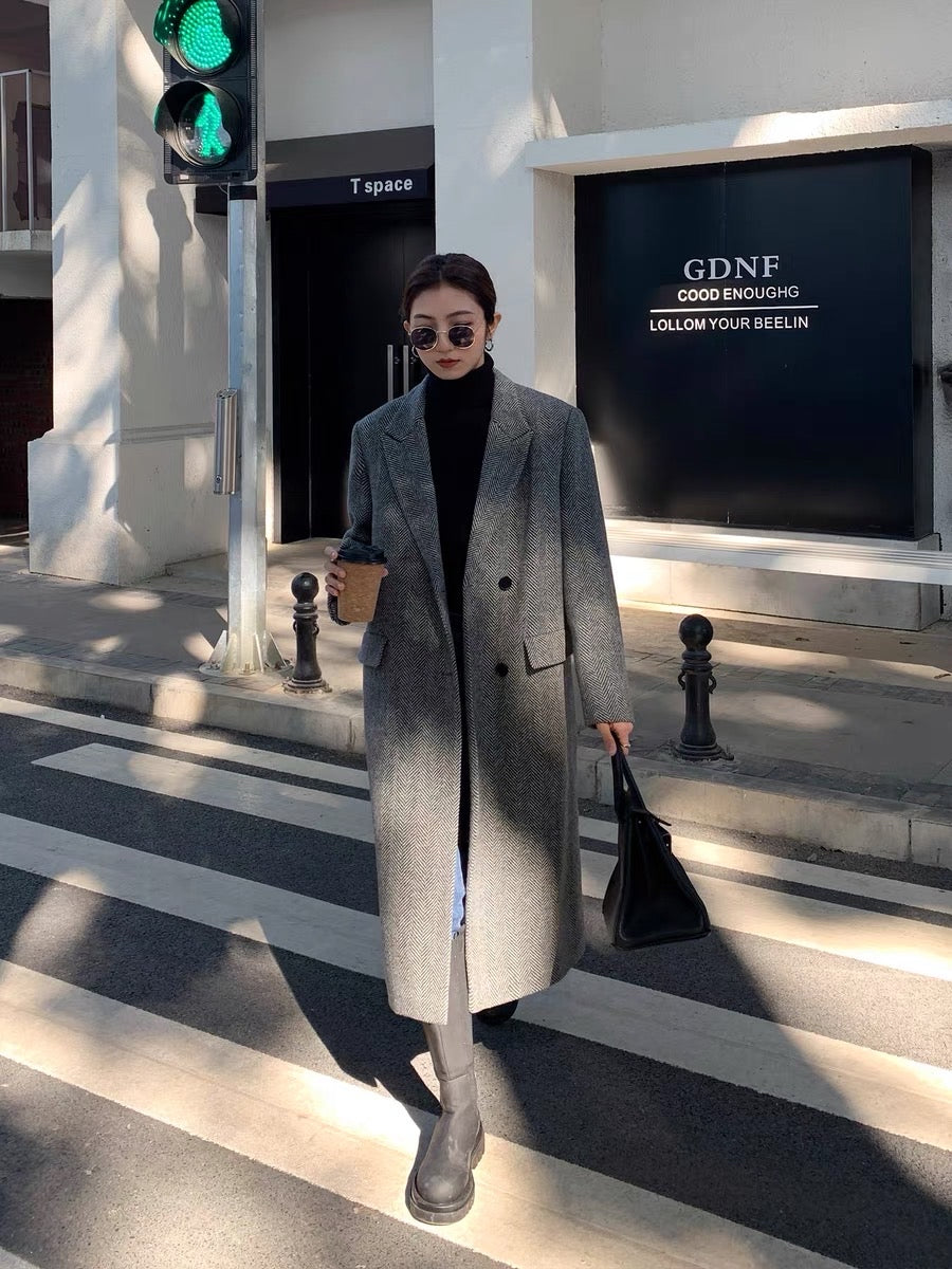 MULVAN Gray Herringbone Wool Coat Women's 2023 Autumn and Winter Loose Temperament Mid-Length Wool Wool Coat