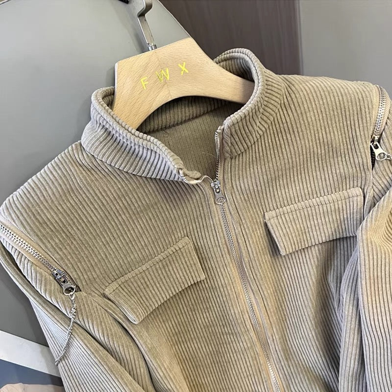 2023 Autumn New Design Double Zipper Stand Collar Corduroy Short Jacket Women's Long Sleeve Little Cardigan Top (B2219)