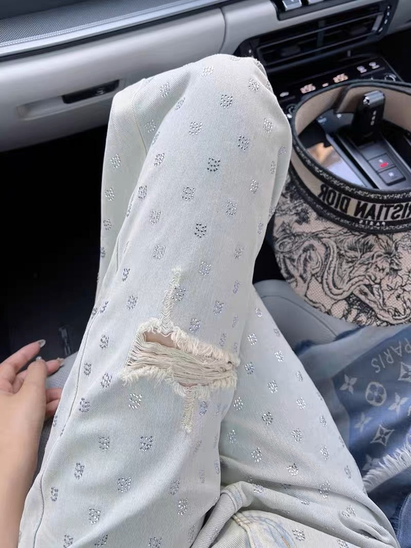 High street niche design sense heavy industry hot drilling hole straight jeans men and women narrow version high waist wide leg mopping pants