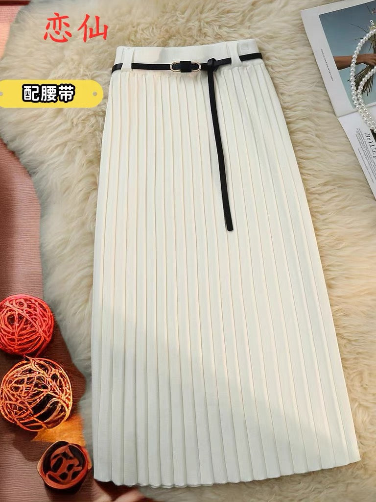 New belt design niche knitted skirt for women autumn and winter slimming pleated mid-length versatile high-waisted A-line skirt