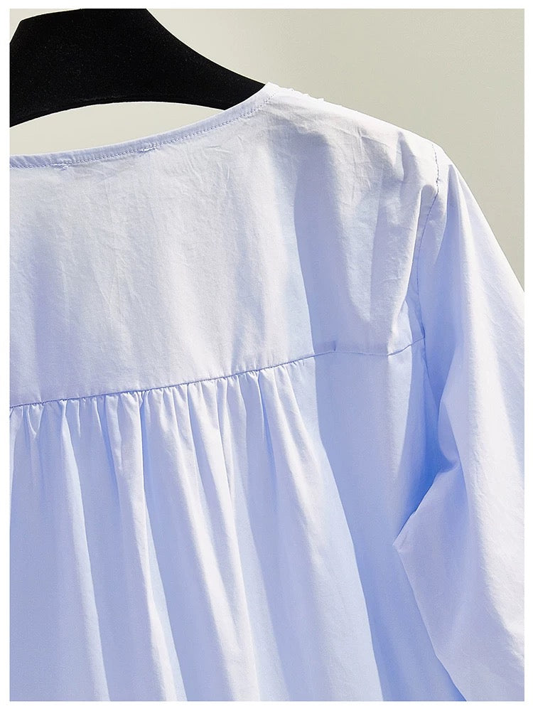 Blue A-line babydoll shirt for women 2024 summer fashion stand-up V-neck pullover pleated shirt three-quarter sleeve shirt top