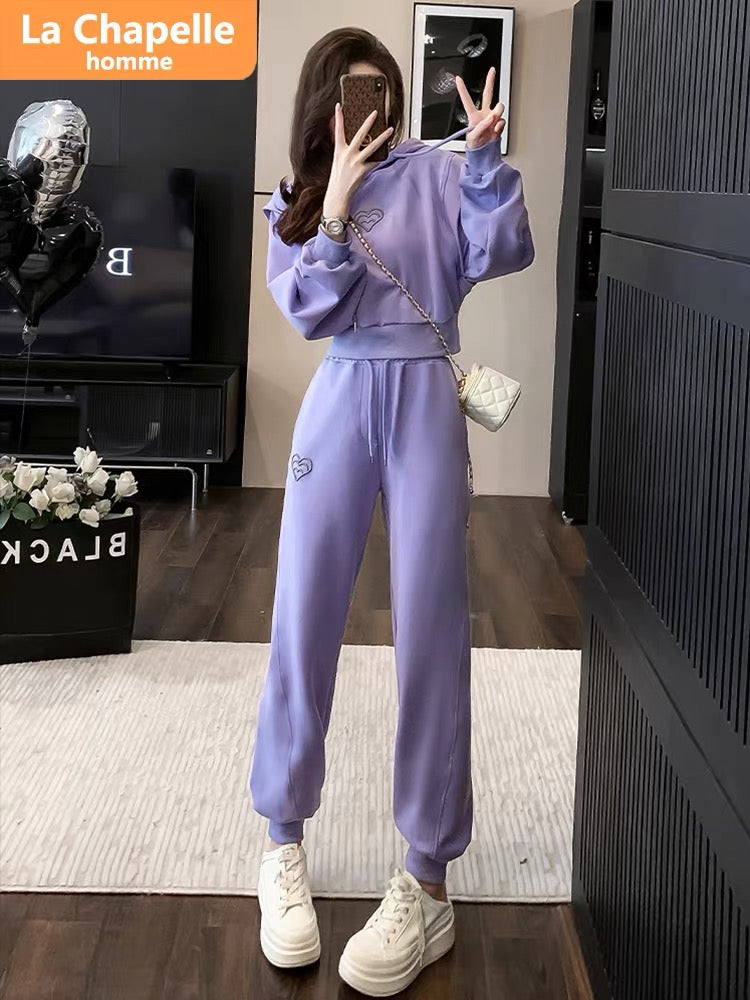 La Chapelle Purple Casual Sports Suit Women's Autumn 2023 New Fashion Style Hooded Sweatshirt Two-piece Set