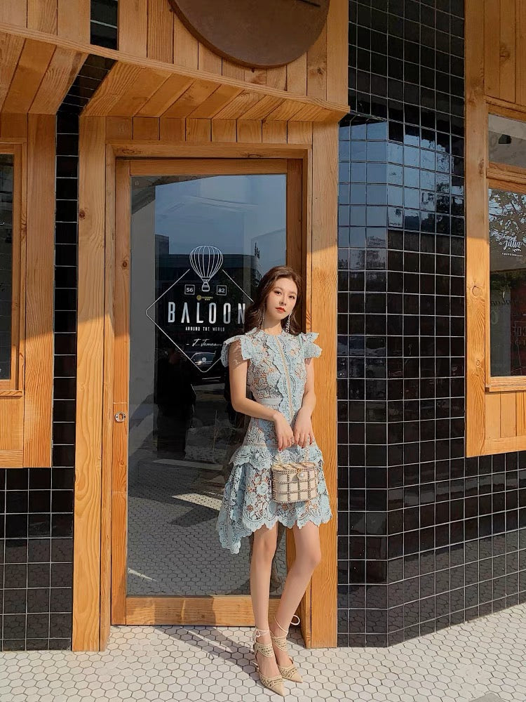 2023 Summer New Women's Heavy Lace Irregular Scalloped Skirt Feifei Sleeves Slim Fit Dress (D171)