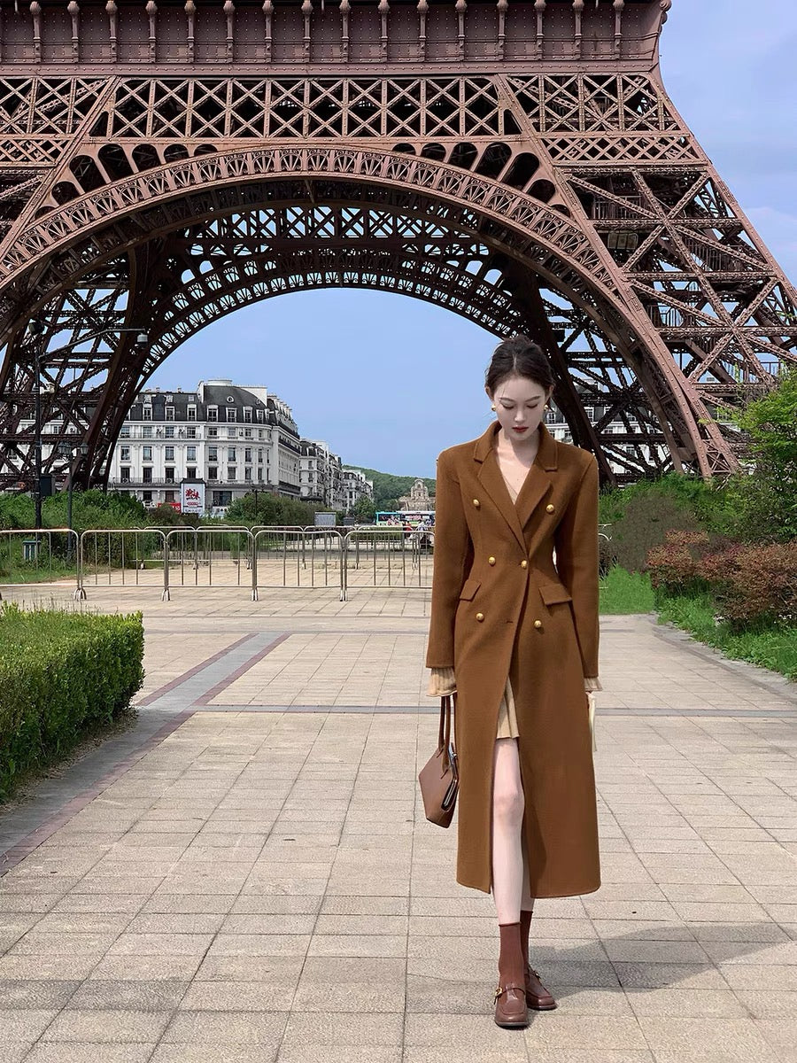 French retro brown high-end all-wool double-sided woolen coat for women in autumn and winter T2368
