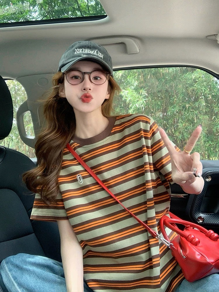 American retro striped short-sleeved T-shirt for women 2025 new summer letter embroidery design loose short-sleeved top