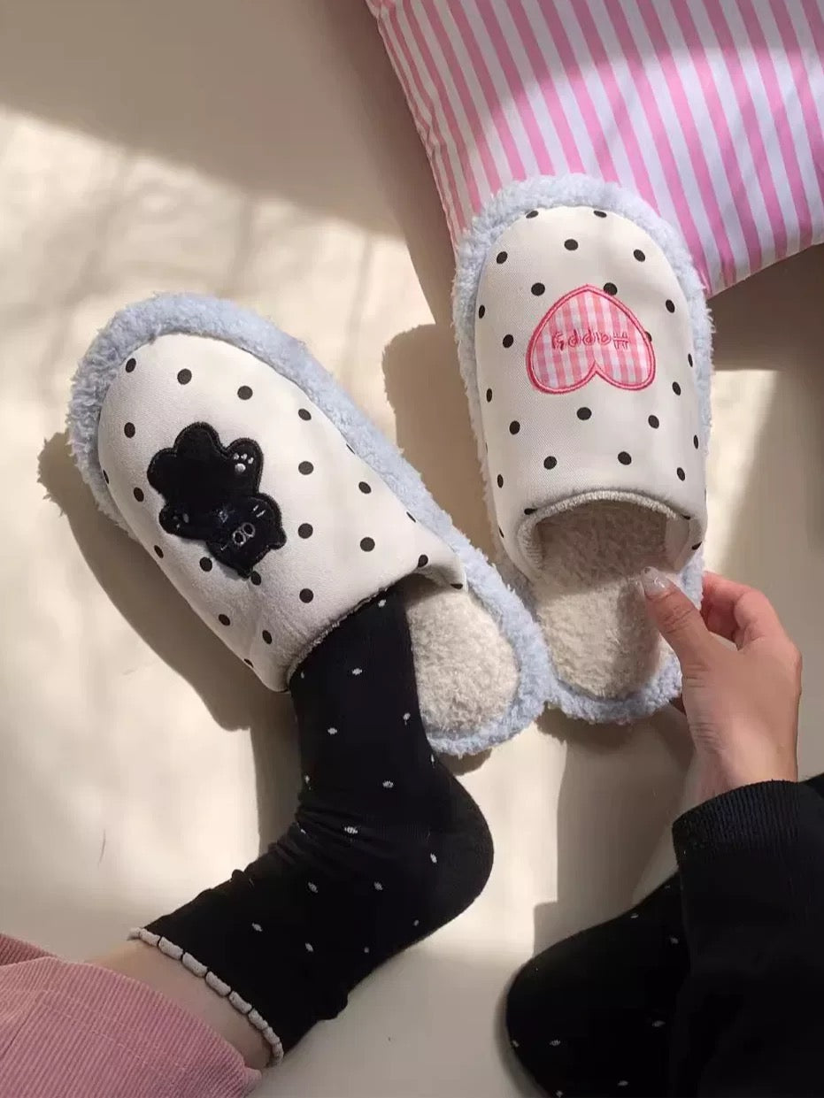 Thin strips, interesting polka dot kitten confinement shoes for women, warm and velvet, comfortable autumn and winter leisure home cotton slippers