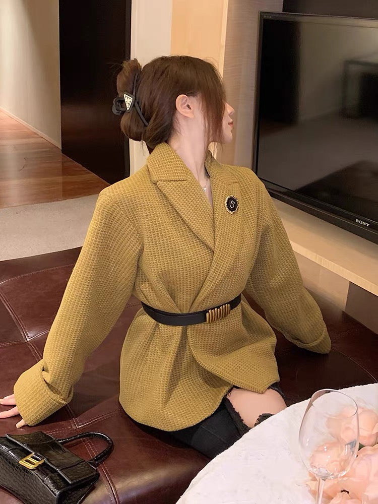 2023 new autumn woolen jacket design, waisted and loose, Korean style chic fashionable lady tops for women