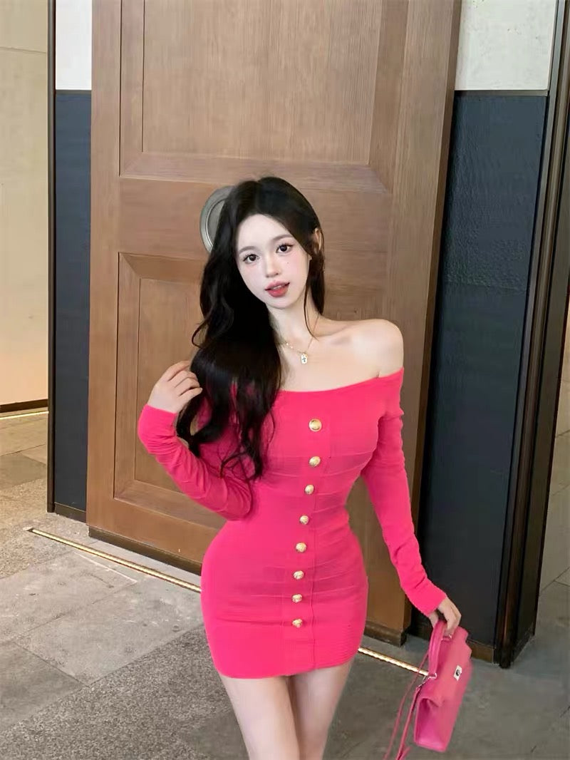 French long-sleeved knitted dress for women in autumn and winter slim-fitting bottoming arm skirt tight and sexy one-shoulder short skirt A2264