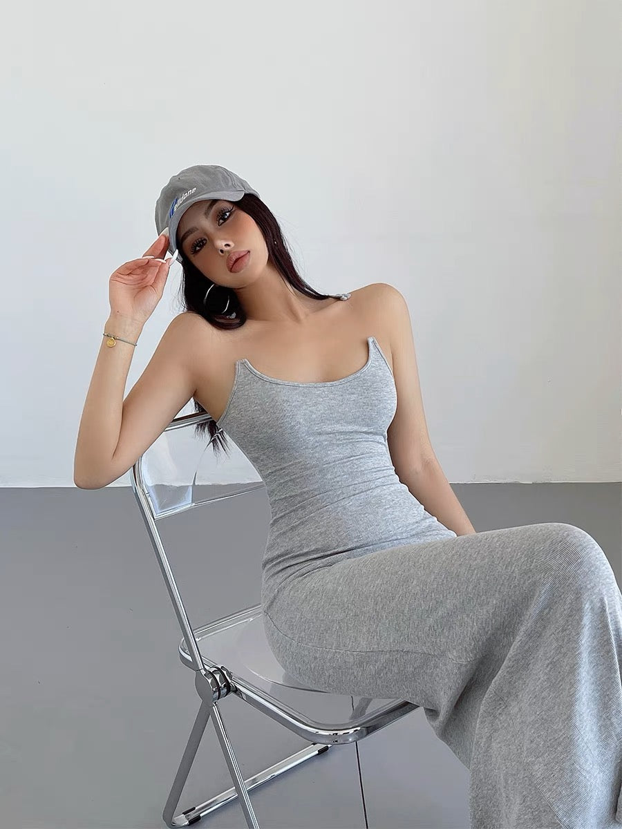 liviahome European and American invisible fishing line suspender dress for women summer i hot girl tight sexy hip-covering long skirt (D214)