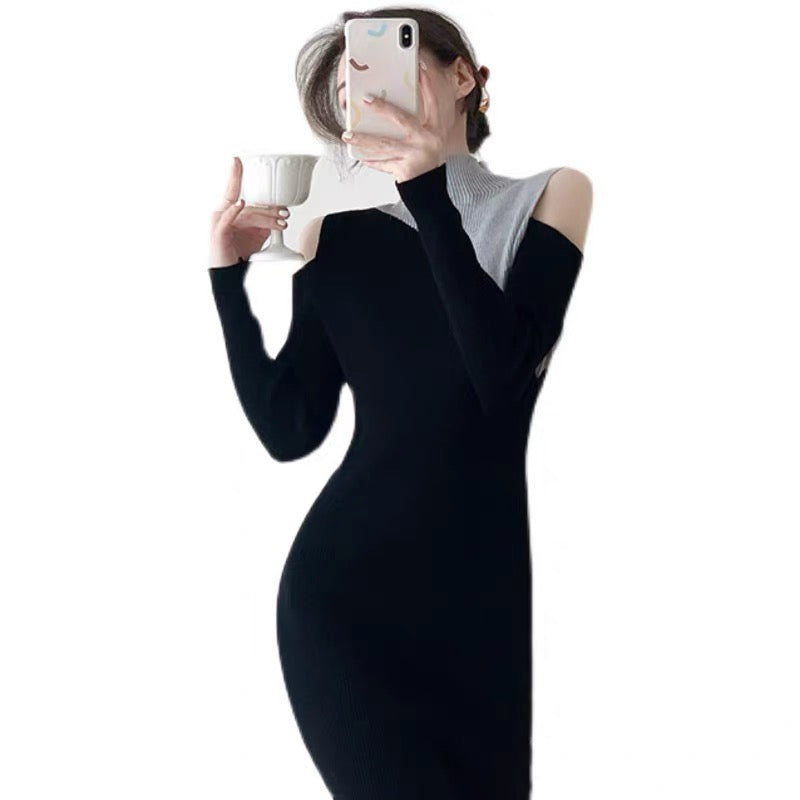 Long-sleeved black knitted bottoming dress for women autumn new slim fit high fashion chic sexy long dress D9293