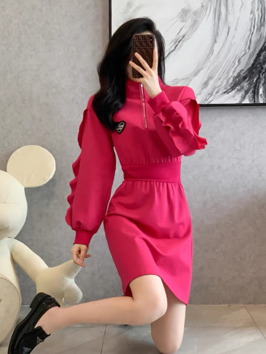 French dragon fruit color sweatshirt skirt for women autumn and winter 2023 new European style slim dress for small people (V5518)
