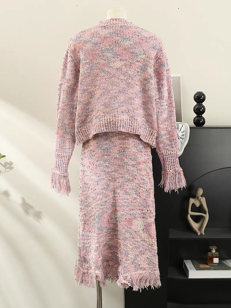 Color dot tassel knitted suit for women autumn and winter 2023 new style gentle wind soft waxy sweater cardigan skirt two-piece set