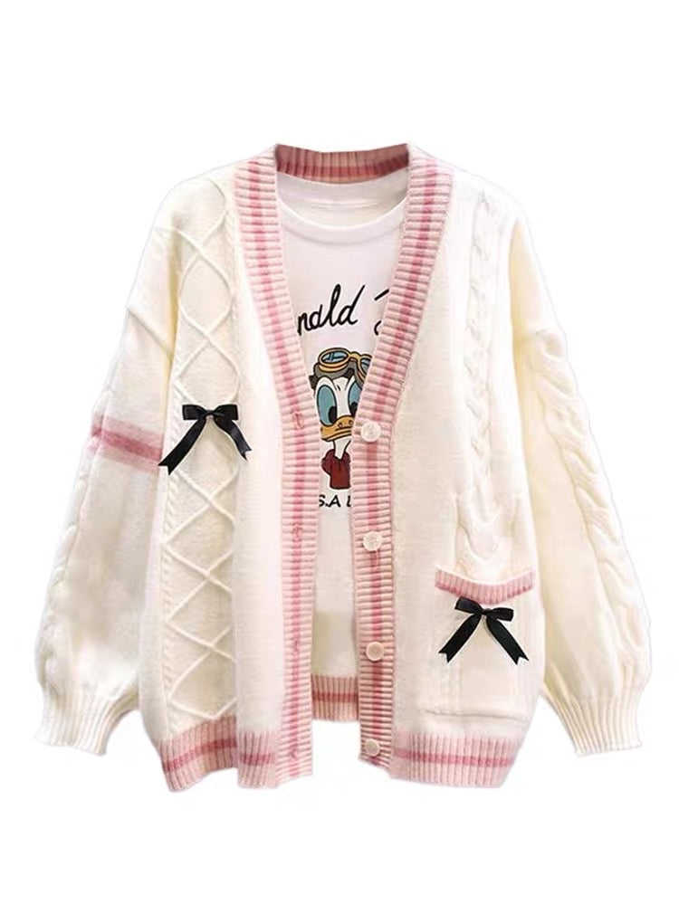Japanese bow sweater jacket for women autumn and winter 2023 new loose and lazy style design age-reducing knitted cardigan