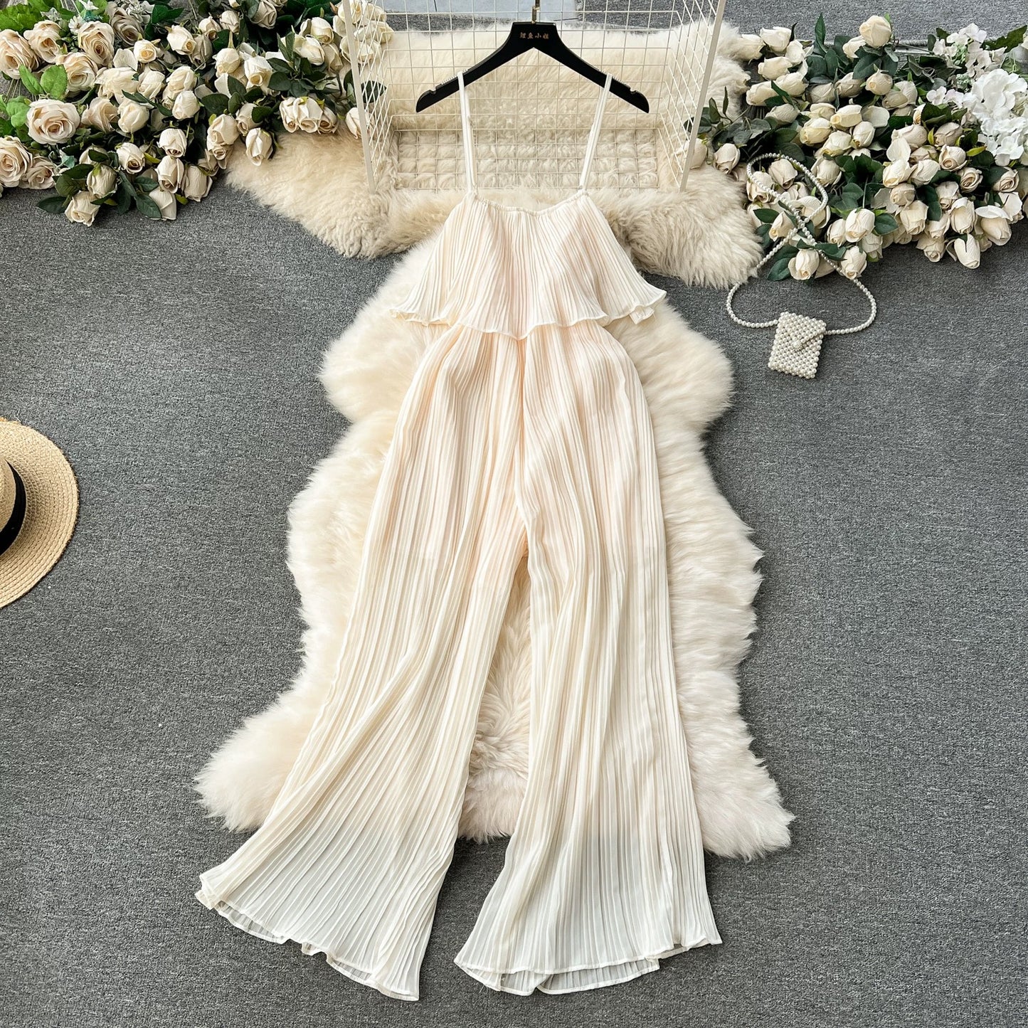 ins holiday style jumpsuit women's sweet ruffled tube top slim fit long heavy pleated suspenders wide-leg pants