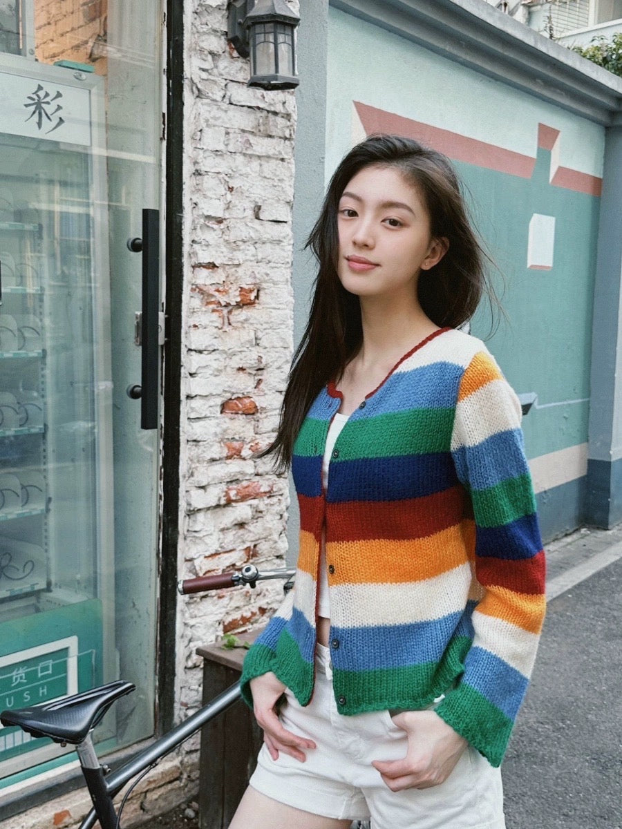 Dopamine color contrast rainbow striped knitted cardigan sweet slim sweater short coat early autumn new women's clothing