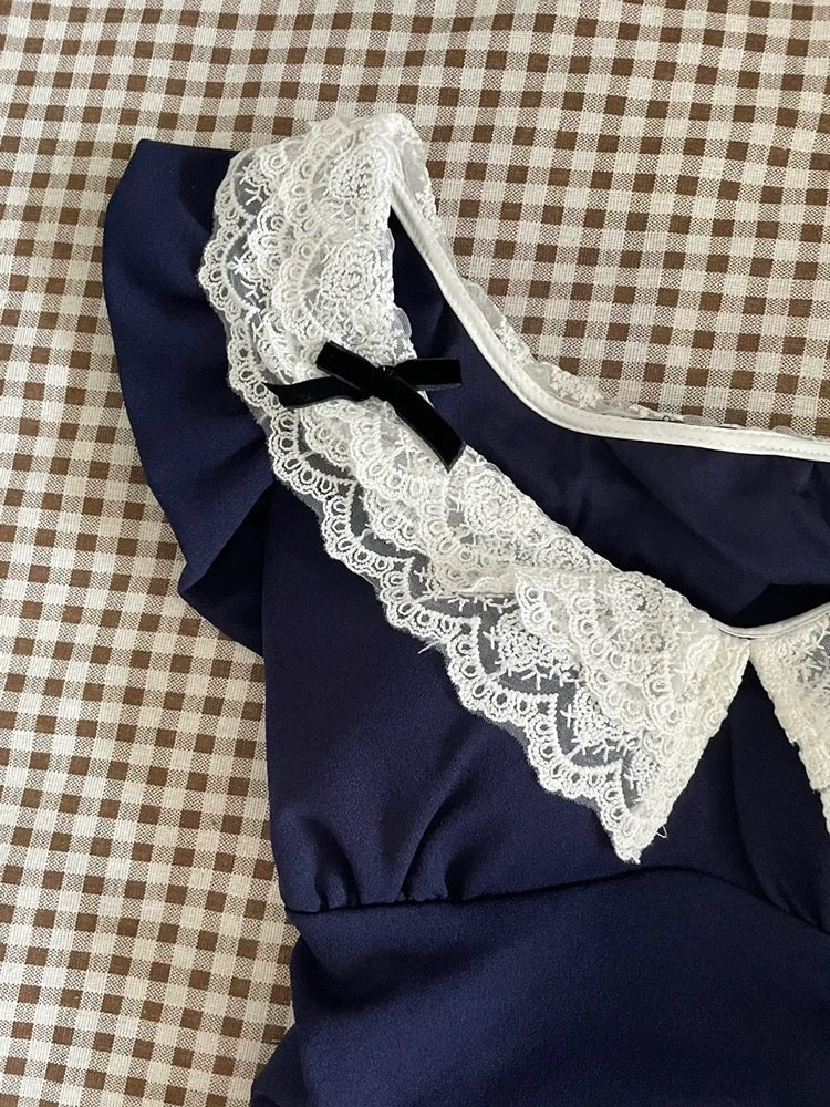 2024 new style small French flying sleeve dress for girls summer hot girl pure desire style lace waist short skirt