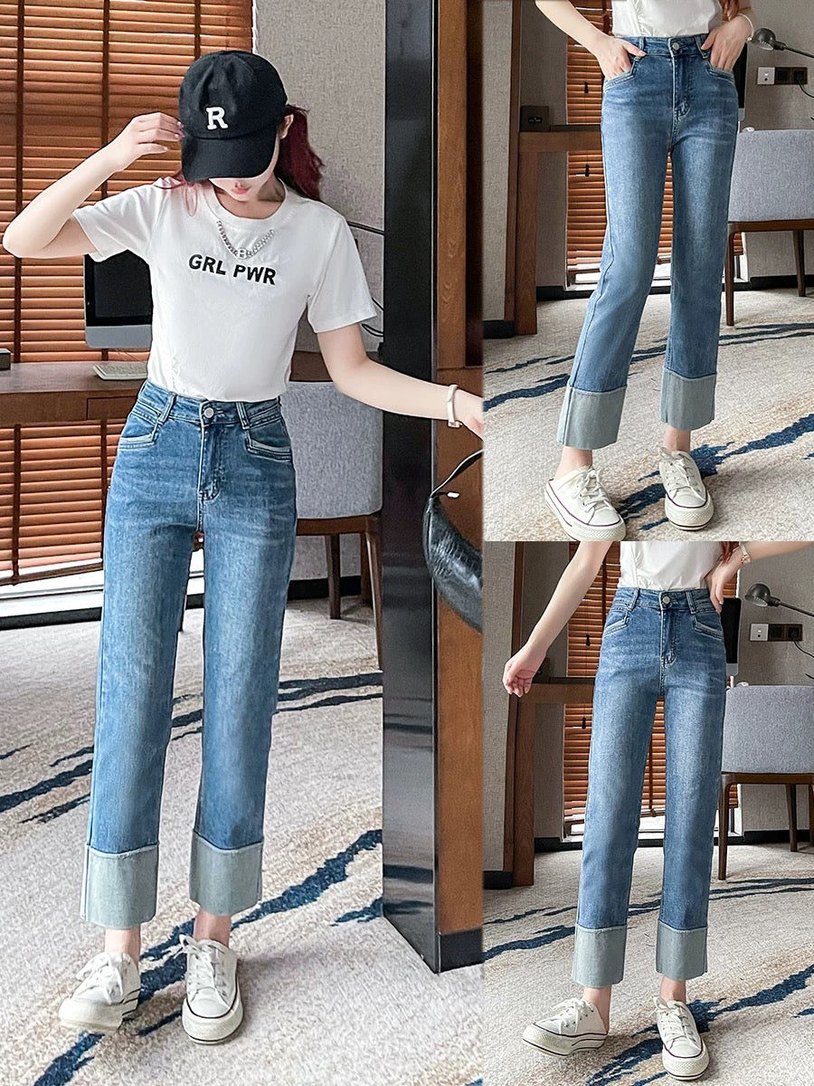 Small Stitched High Waist Straight Jeans Women's Summer Thin 2024 Spring and Autumn New Nine-Point Cigarette Pipe Pants
