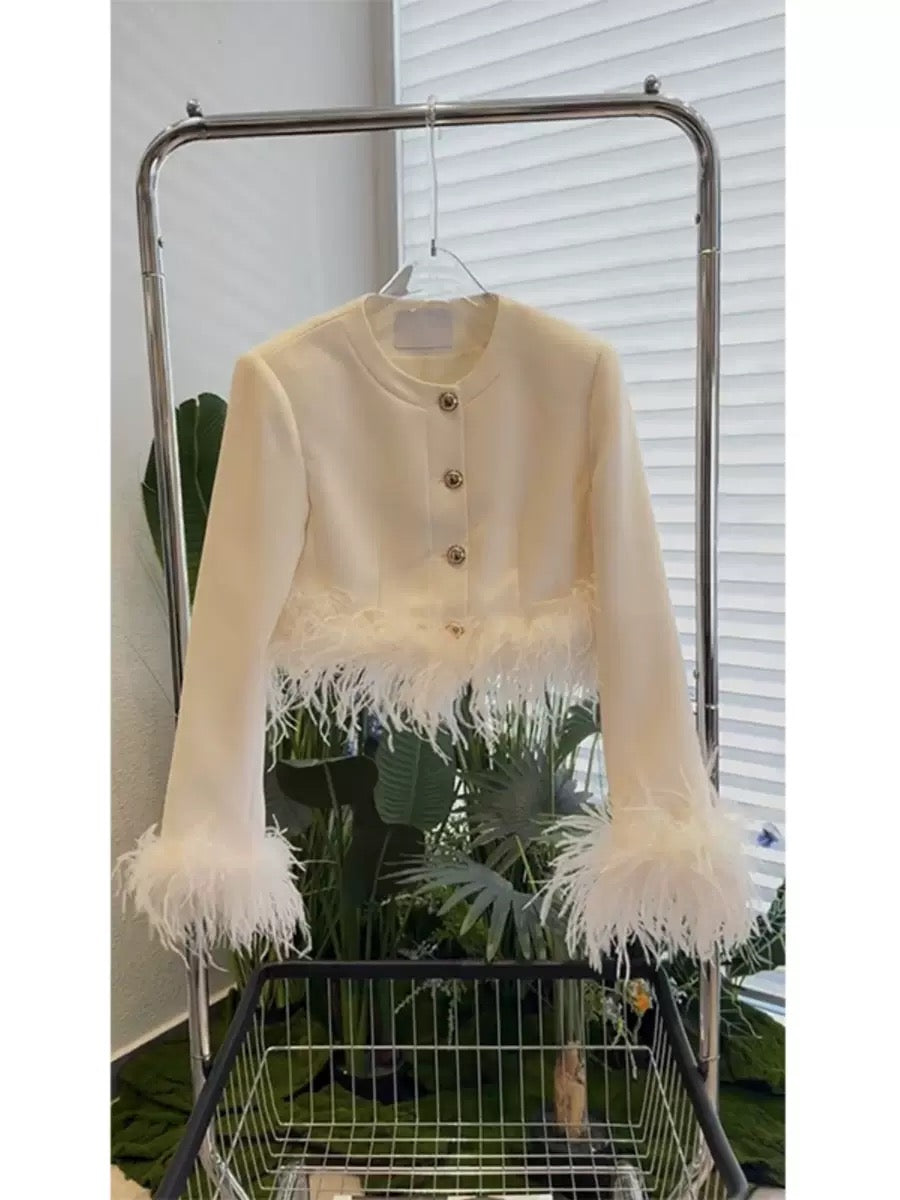 Buyer store 2023 autumn and winter new style feather splicing knitted sweater women's unique and chic slimming cardigan jacket T9796