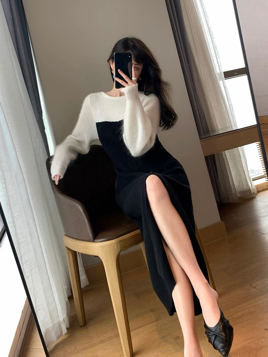 FT GUOGE black knitted dress for women 2023 autumn and winter new French slim Hepburn style inner skirt