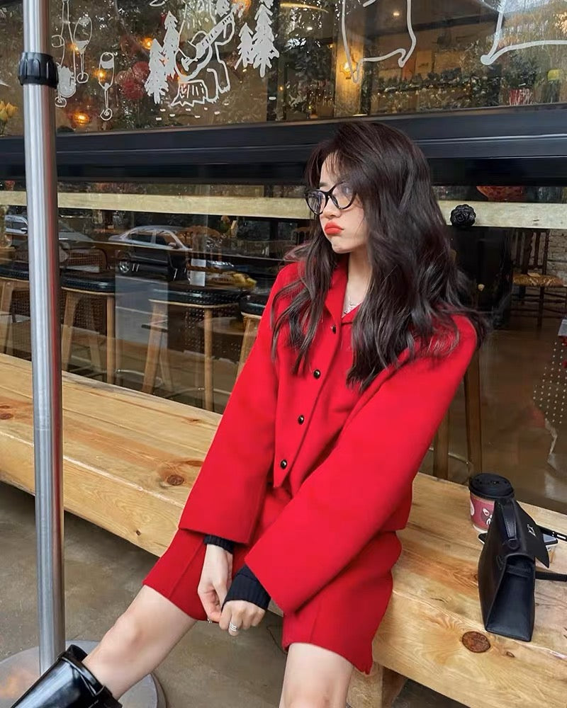 Korean style high-end New Year red blazer spring new casual loose high-waisted straight pants two-piece set for women