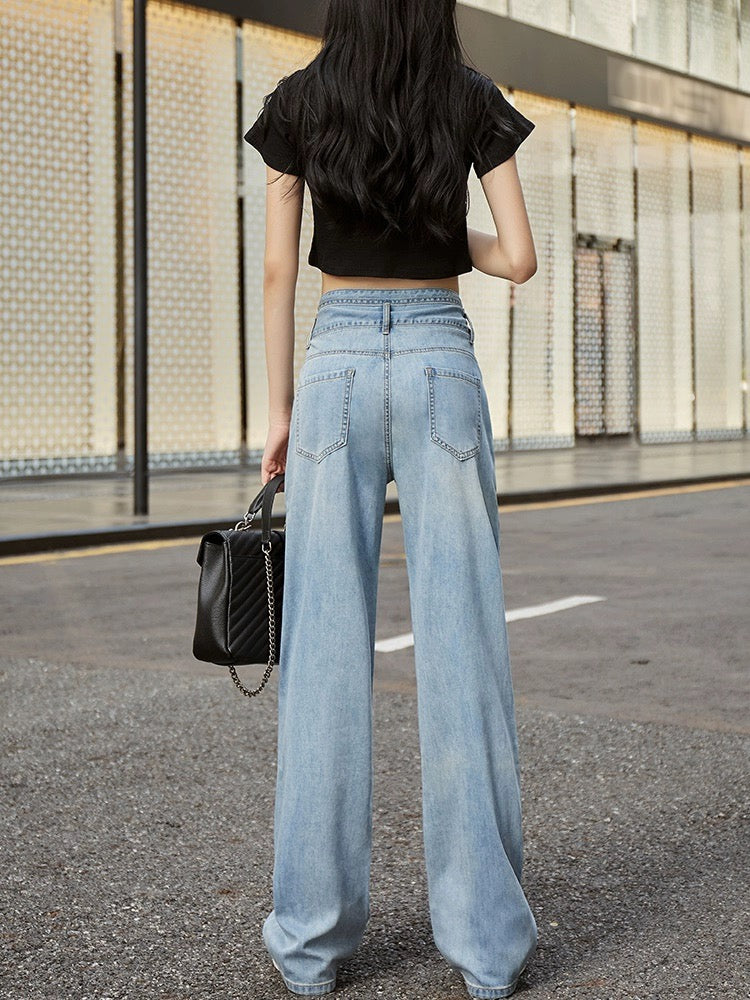 Drape jeans women's straight high waist buttoned wide leg pants 2024 spring new slim fashion mopping pants