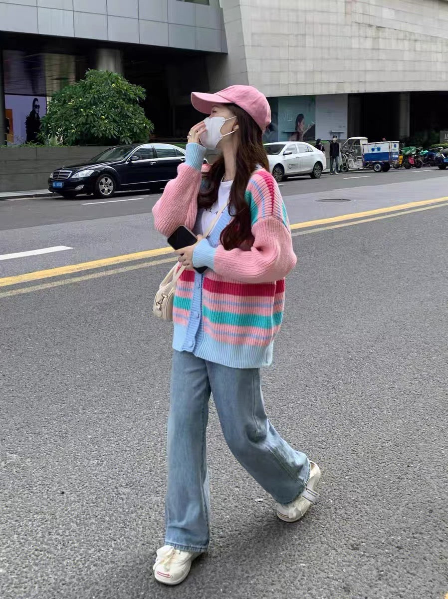 Rainbow striped sweater women's autumn and winter loose Japanese style lazy style retro oversize high-end cardigan thickened jacket